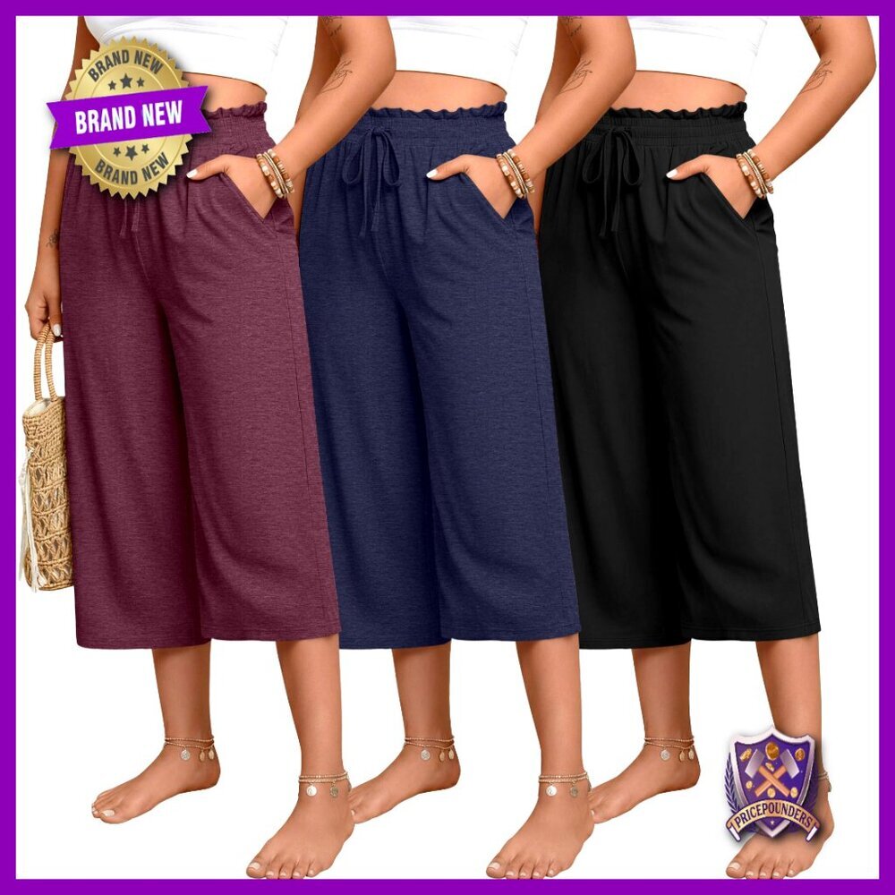 Plus Size High Waisted Wide Leg Cropped Sweatpants 3 Pack with Pockets
